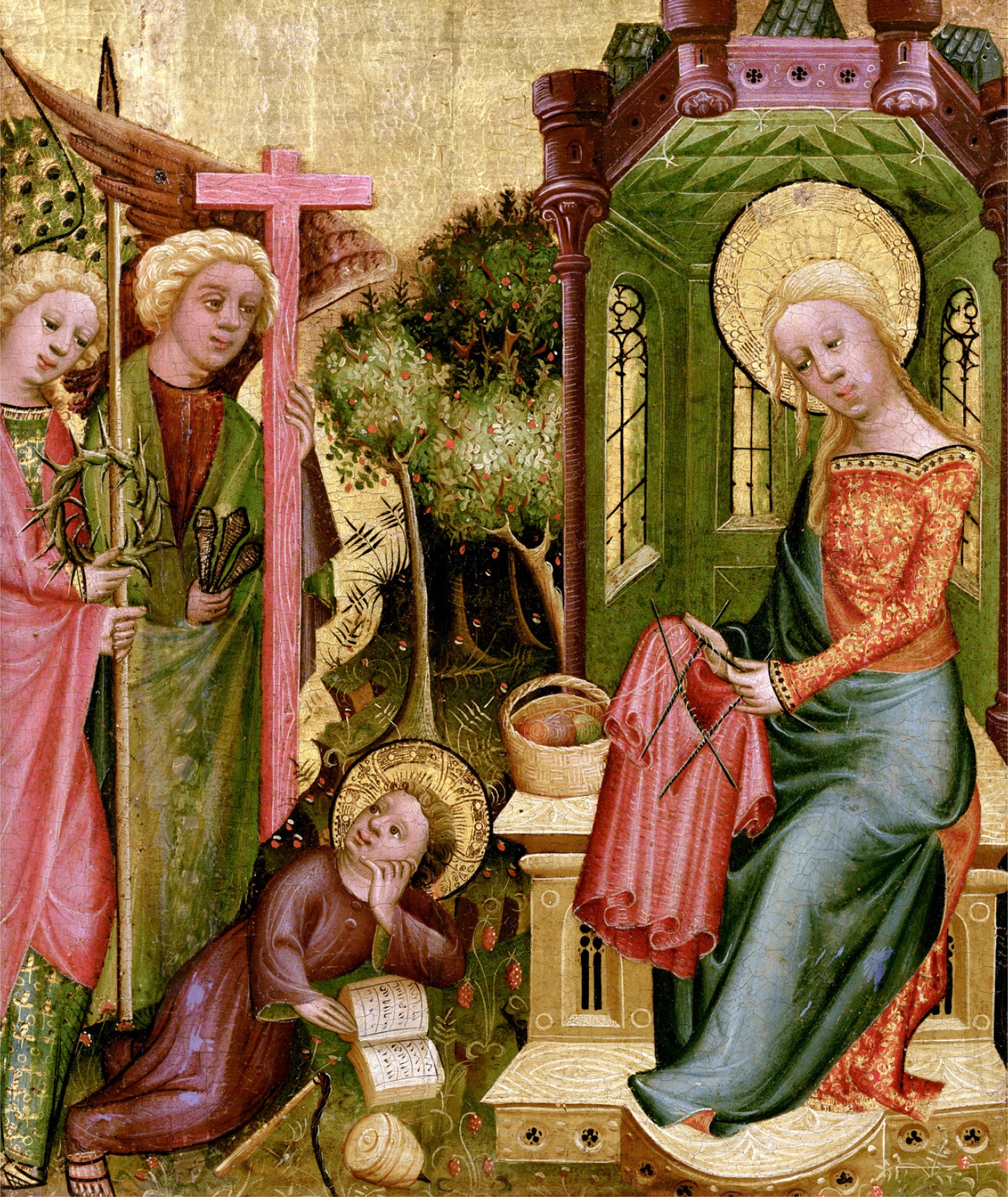 XKH145294 Visit of the Angel, from the right wing of the Buxtehude Altar, 1400-10 (tempera on panel) by Master Bertram of Minden (c.1345-c.1415); Hamburger Kunsthalle, Hamburg, Germany; German,  out of copyright